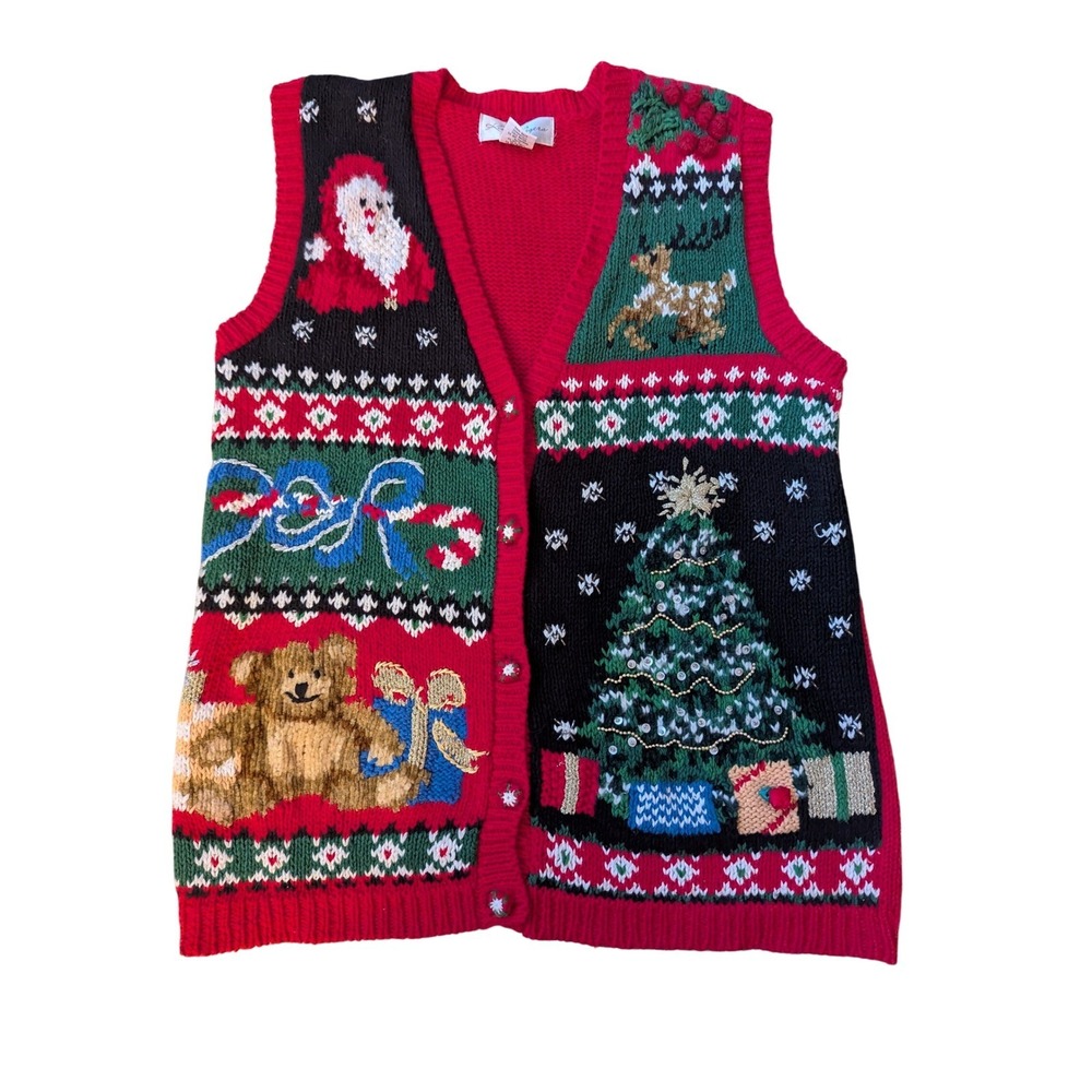 Kim Rogers Vintage Christmas Sweater Vest Red Santa Reindeer Bear Small